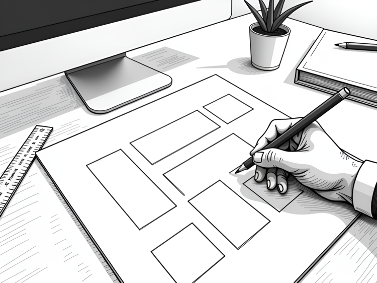 a_computer_a_hand_holds_a_pencil_and_some_rectangle_shapes_as_wireframes_appear