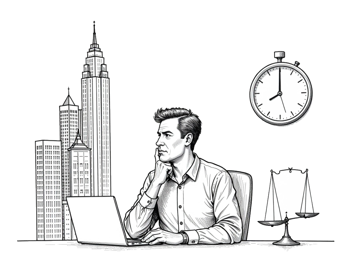 a thoughtful entrepreneur sitting at a desk pensive