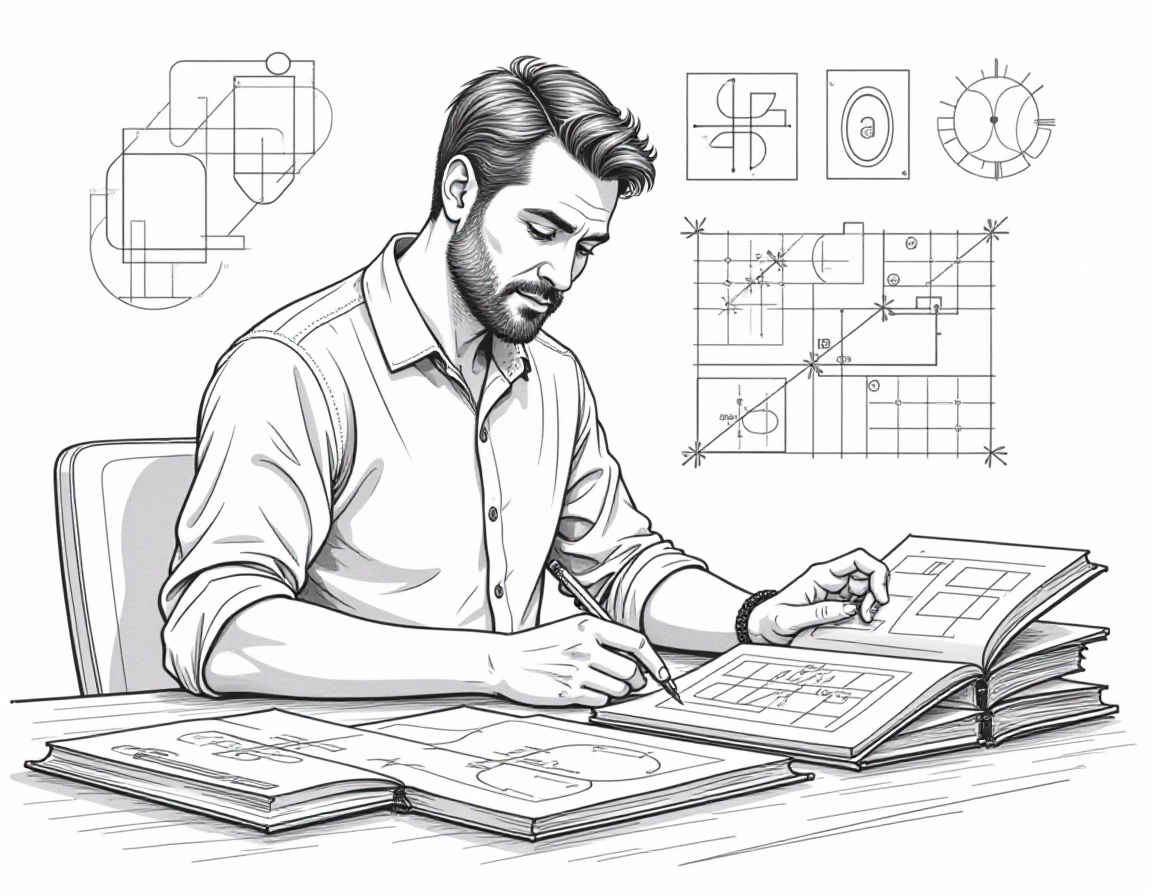 designer_thoughtfully_reviewing_a_collection_of_design_theory_books