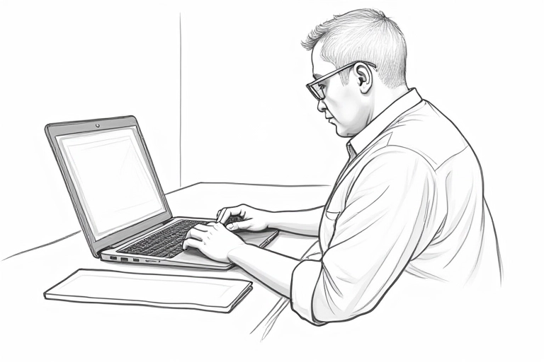 line_art_drawing_graphics_designer_working_on_a_mac_laptop_computer__camera_perspective_is_from_behind_the_person__only_one_computer_screen__one_sketch_pad_placed_on_the_table____profess_568516110